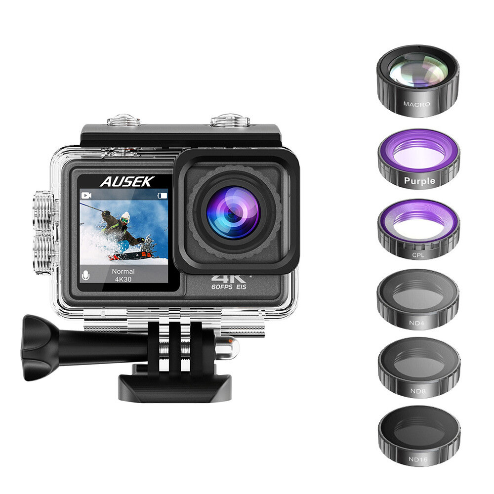 

AUSEK AT-S81ER 24MP 4K 60fps Action камера Vlog Video ЭИС 170° Широкий угол IPS Двойной экран 30M Водонепроницаемы 1080P