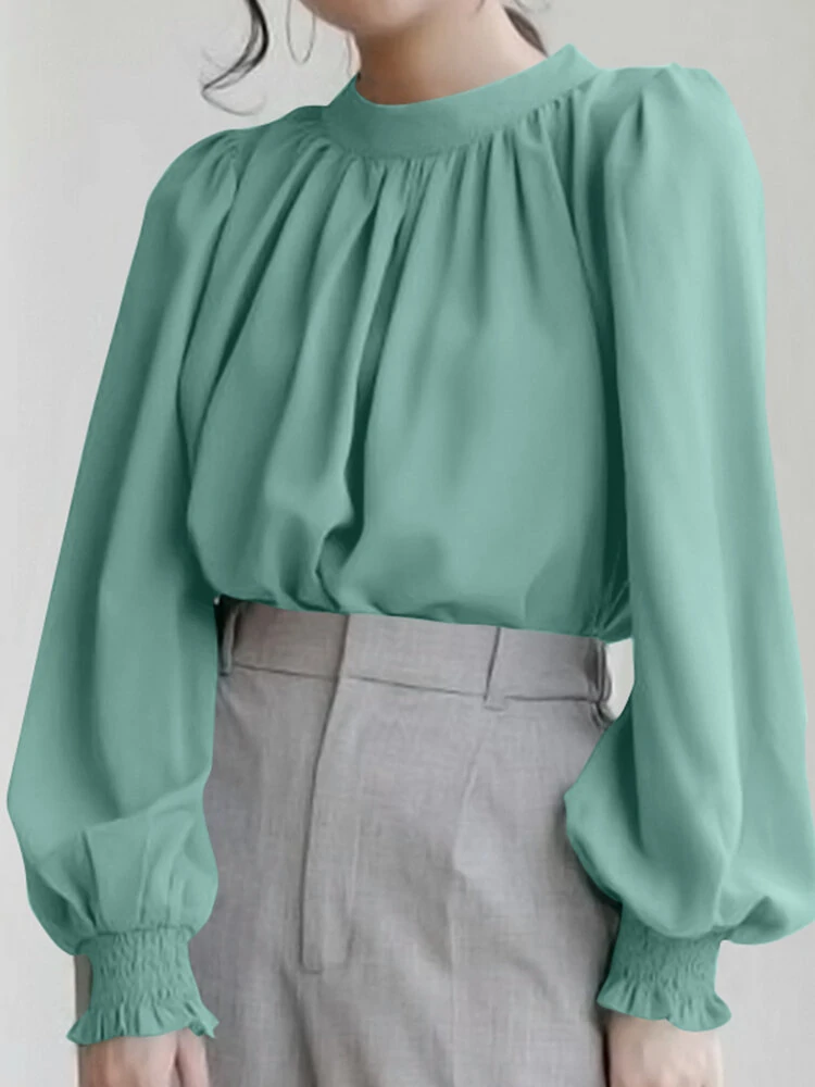 Solid back tie shirred pull long sleeve stand collar blouse