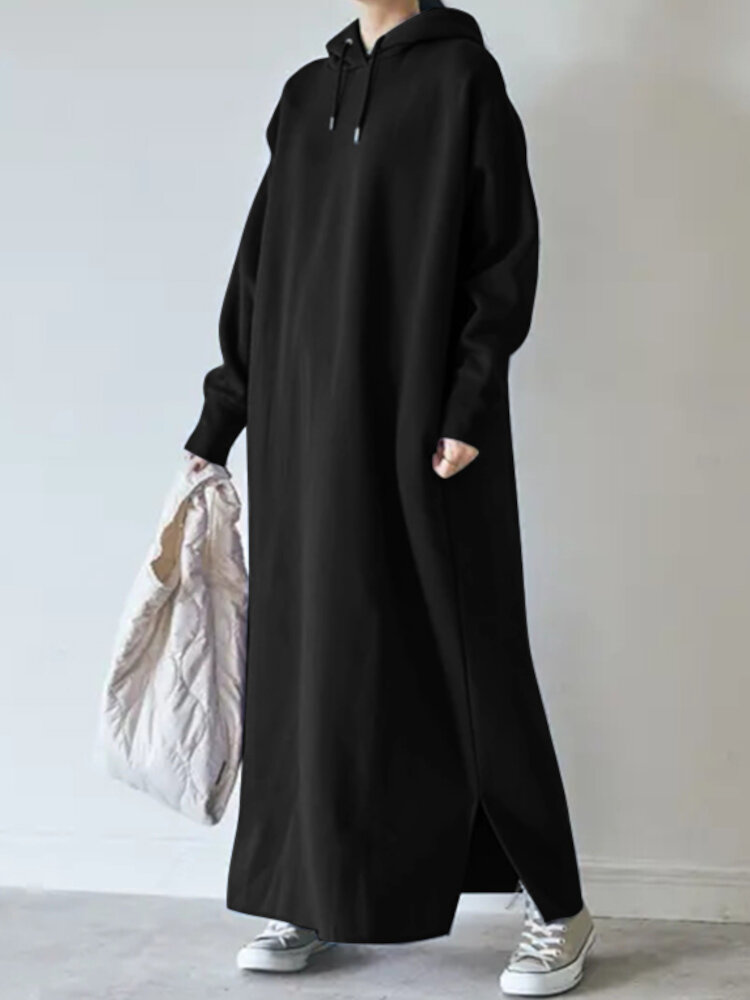 Women Thick Puff Sleeve Loose Sweatshirt Maxi Length Hooded Casual Midi Dresses