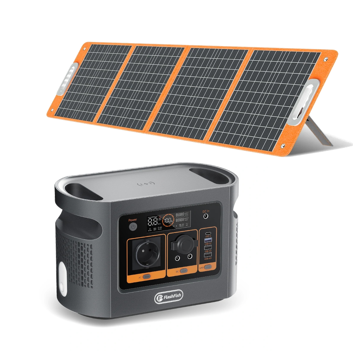 [EU Direct] FlashFish QE01D UPS 600W 448Wh Estación de energía portátil con batería de litio LiFePO4 de 1Pc TSP 18V 100W Panel solar plegable, compatible con respaldo de paneles solares, almacenamiento de energía en el hogar, generador de energía para camping al aire libre