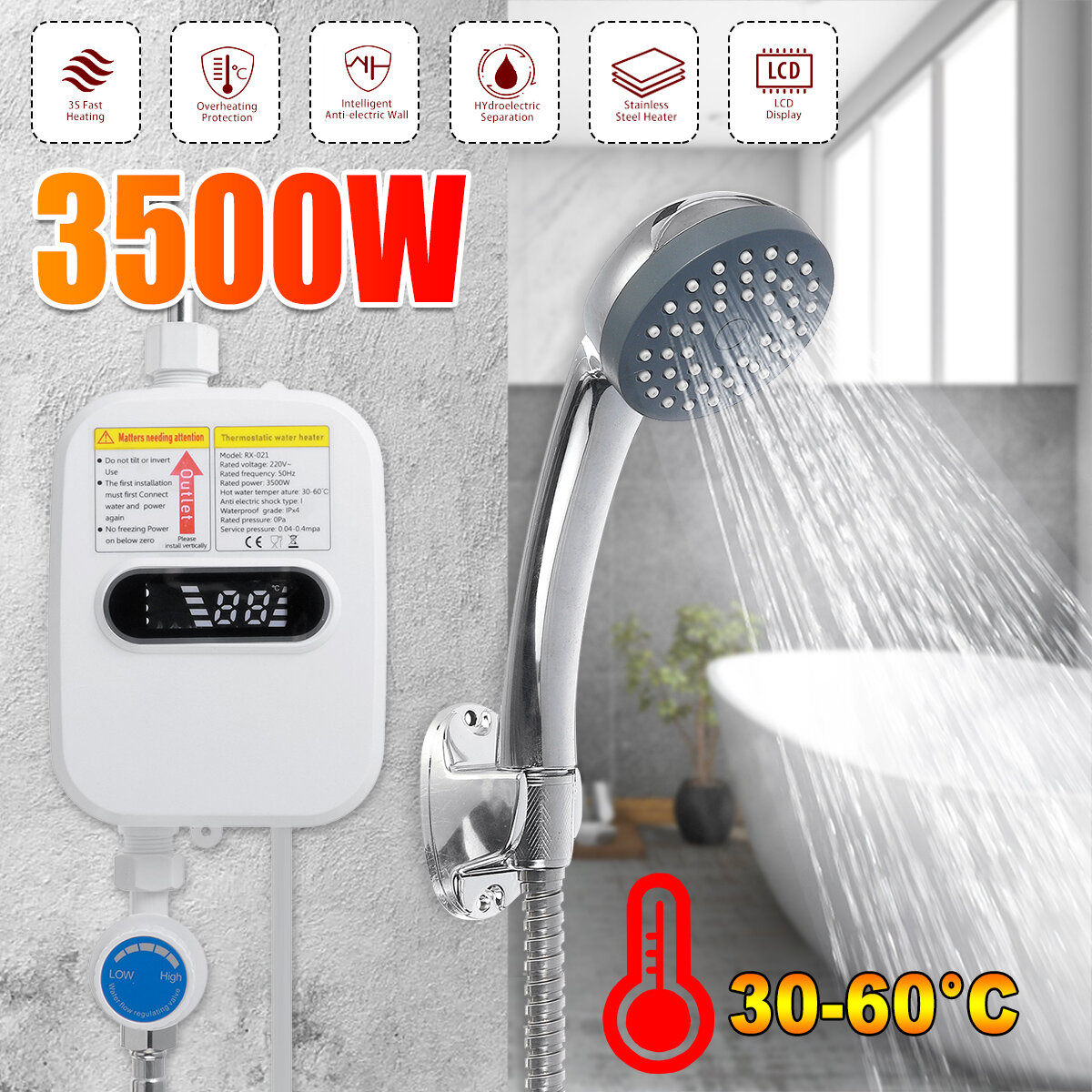 Στα 35.80 € από αποθήκη Κίνας | 3500W 220V Mini Water Heater Hot Electric Tankless Household Bathroom Faucet with Shower Head LCD Temperature Display