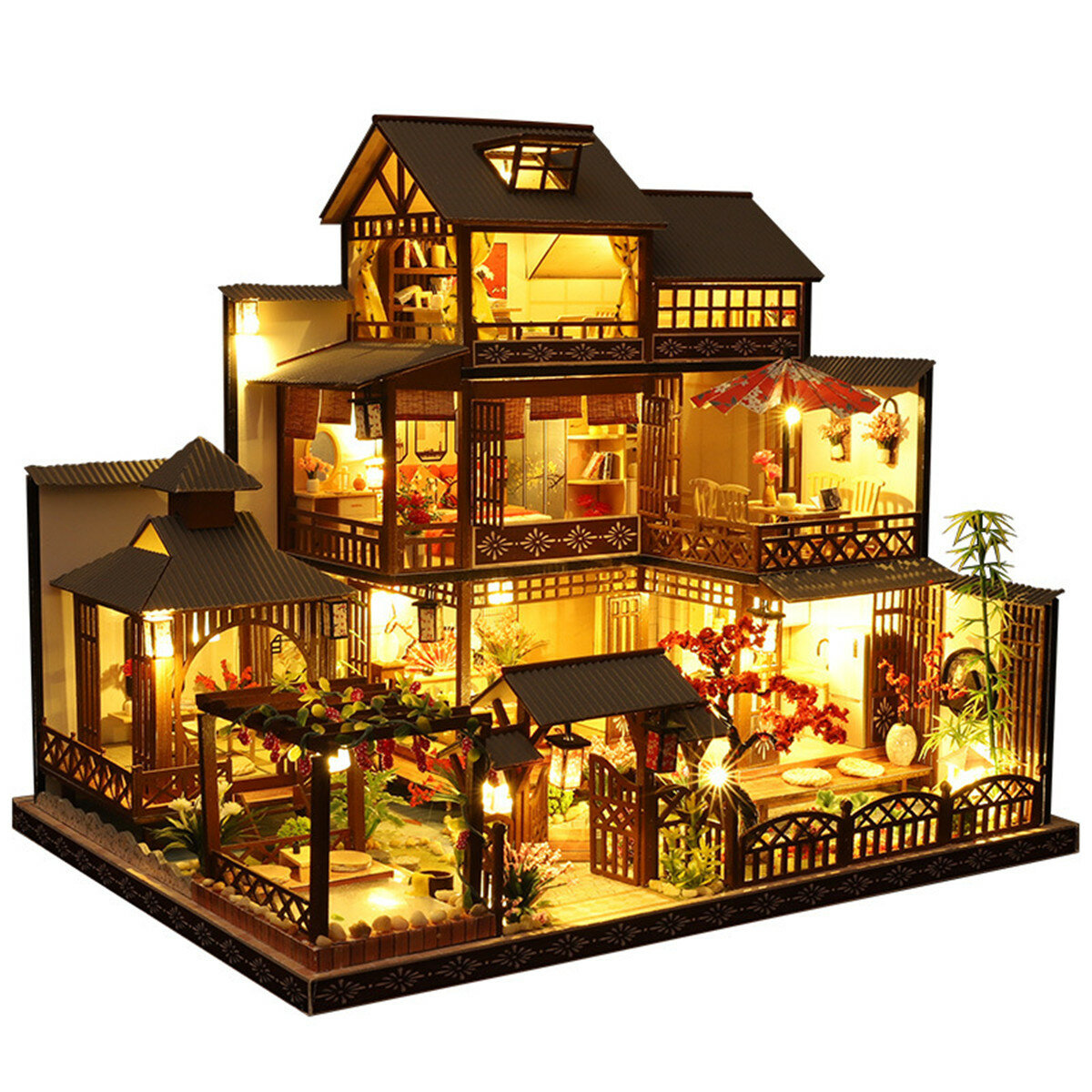 Wooden DIY Japanese Villa Doll House Miniature Kits Handmade Assemble Toy with Furniture LED Light for Gift Collection Home Decor