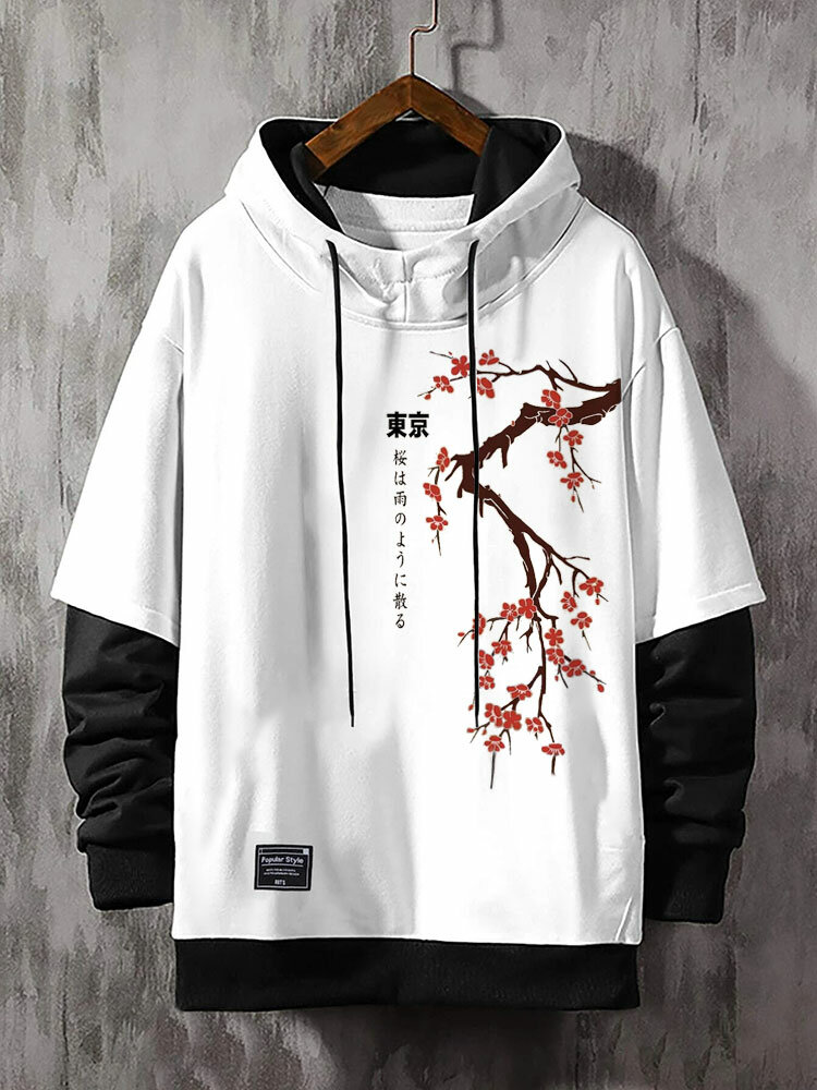 Mens Japanese Cherry Blossoms Print Contrast Patchwork Drawstring Hoodies