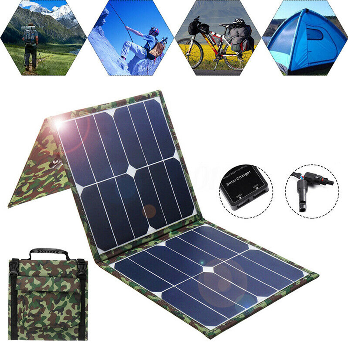 5V 60W Painel solar dobrável de carga Tapete de energia à prova d'água Acampamento ao ar livre Viagem Banco de energia solar