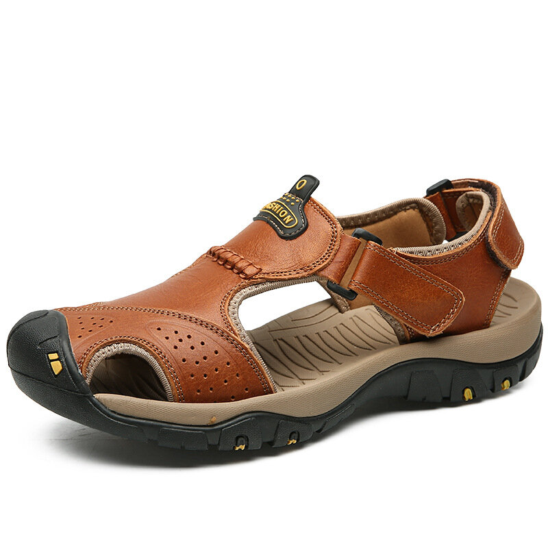 

Men Cowhide Breathable Soft Bottom Non Slip Closed Toe Hook Loop Casual Outdoor Sandals