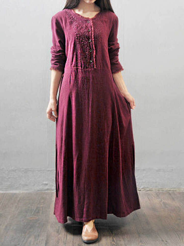 Dames Lange mouw Effen kleur borduurpatroon Vintage enkellange midi-jurken