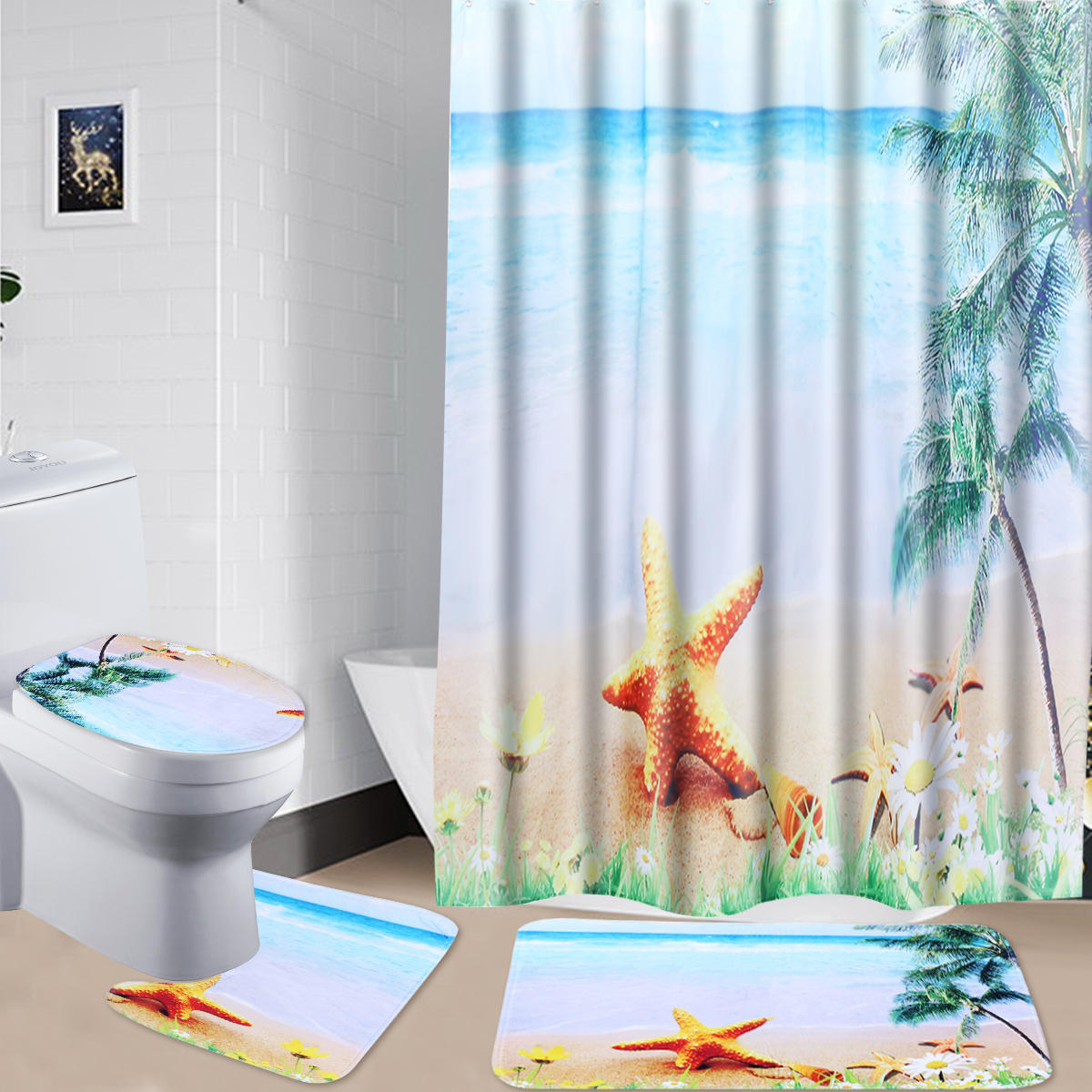 4Pcs Sea Shell Bathroom Non-Slip Rug Lid Toilet Cover Bath Mat Shower Curtain US