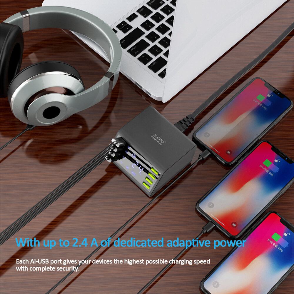 iLEPO 60WUSB充電ステーションマルチポートLEDディスプレイ7 * USB 2.4A / 1 * USBQC3.0高速充電USB充電器foriPhone 12 Pro Max for Samsung Galaxy Note S20 ultra Huawei Mate 40…