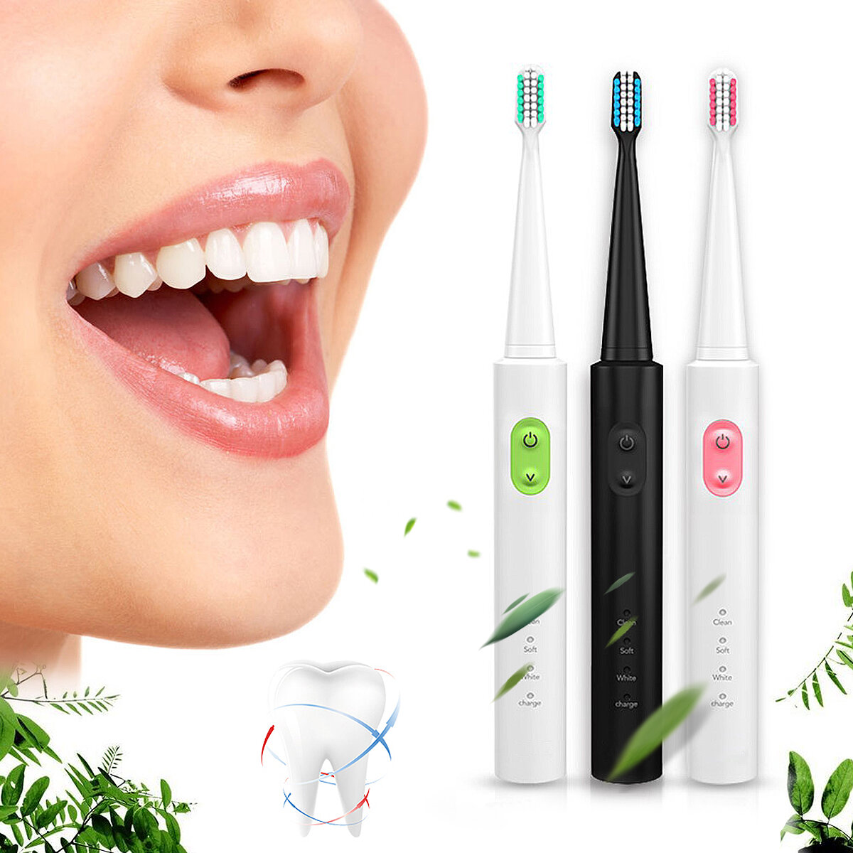 Reisen wiederaufladbare Ultraschall elektrische Zahnbürste wasserdicht 3 Reinigungsmodus Zähne sauber + 4 Köpfe