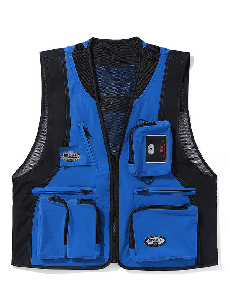 Men Colorblock Mesh Patchwork Applique Zipper Pockets Breathable Utility Vests