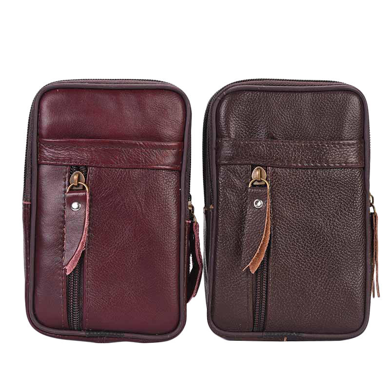 Outdoor Fashion Vertical Leather Men Waist Pack Portable Zip Coin Purse Phone Bag