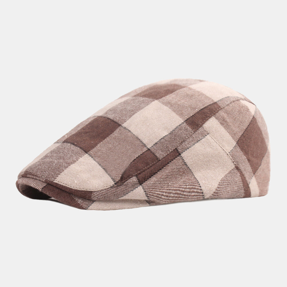 

Men Contrasting Colors Plaid Pattern Adjustable Beret Cap Retro Winter Warmth Forward Hat Flat Cap Cabbie Hat