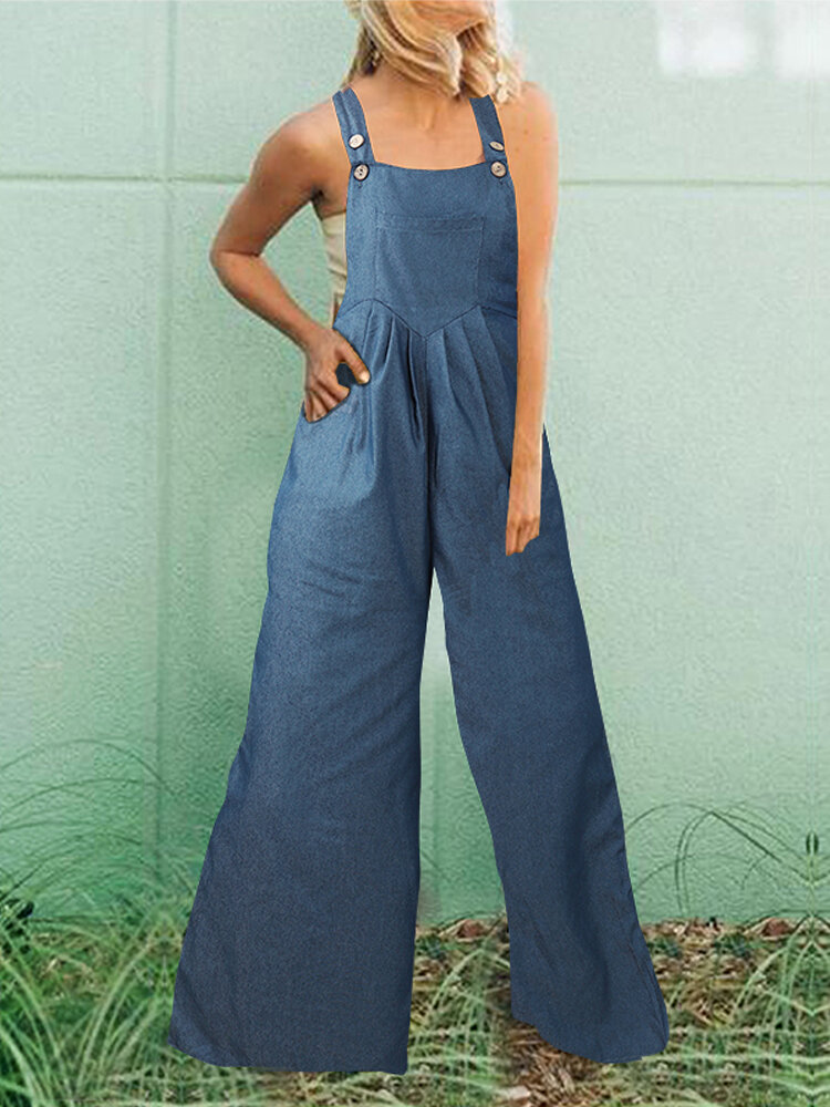Women Solid Color Casual Loose Demin Wide Leg Jumpsuit with Pockets