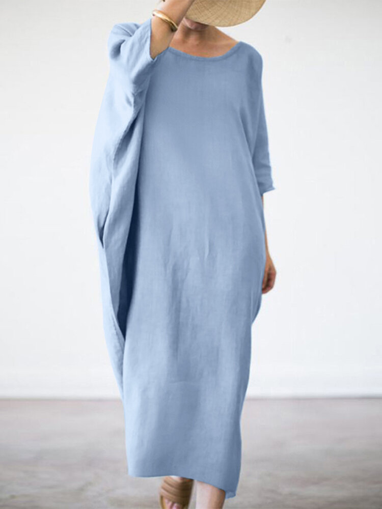Women Long Sleeve 100% Cotton Shirt Dress Solid Color Calf Length Three Quarter Sleeve Midi Dresses