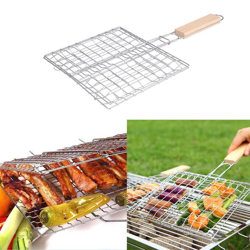 سلة شواء IPRee® Iron Wire Barbecue Grilling Basket BBQ Net Wooden Handle Meat Fish Clip Holder