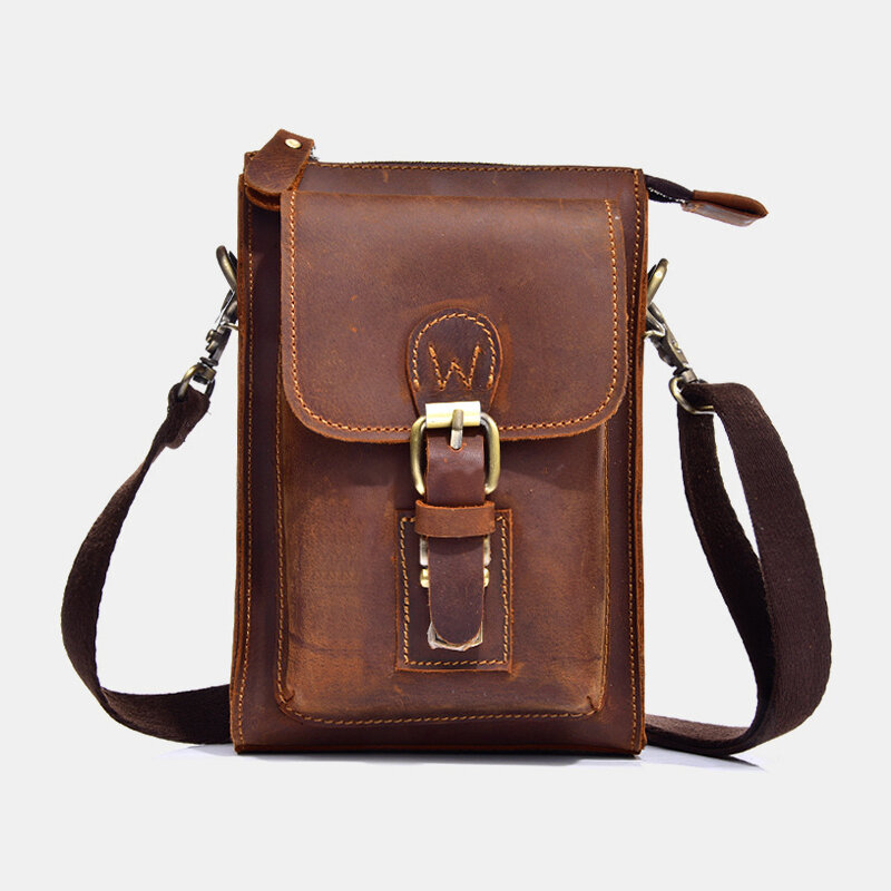 Men Genuine Leather Vintage Multi-functional Crossbody Bag Durable Belt Loop Waist Daily Belt Bag