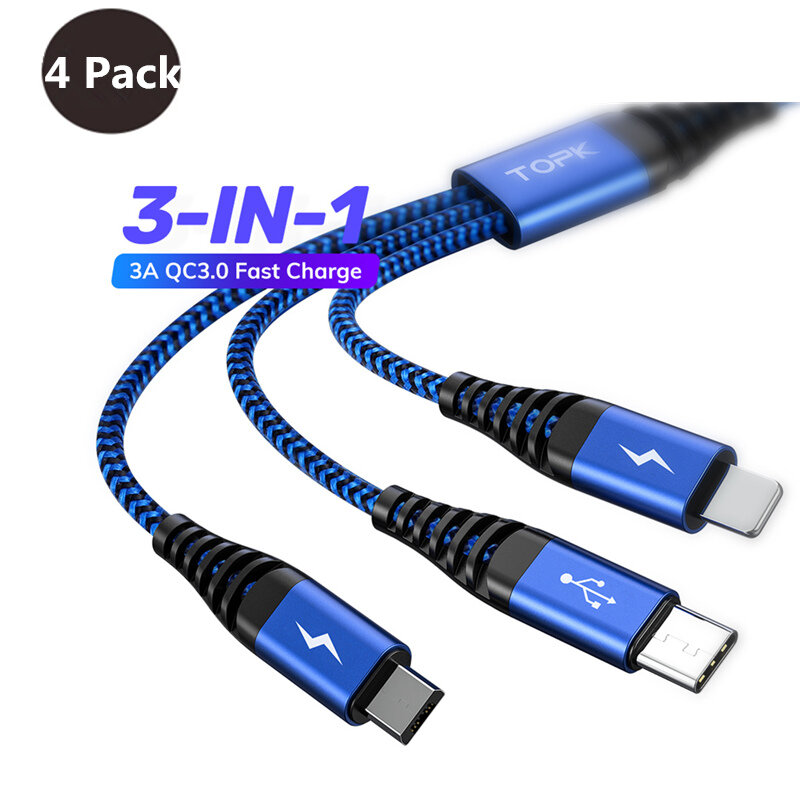

[4 Pack]TOPK AN24 3 in 1 Data Cable QC3.0 Fast Charging Data Line For iPhone 12 XS 11Pro for Samsung Galaxy S21 Note S20