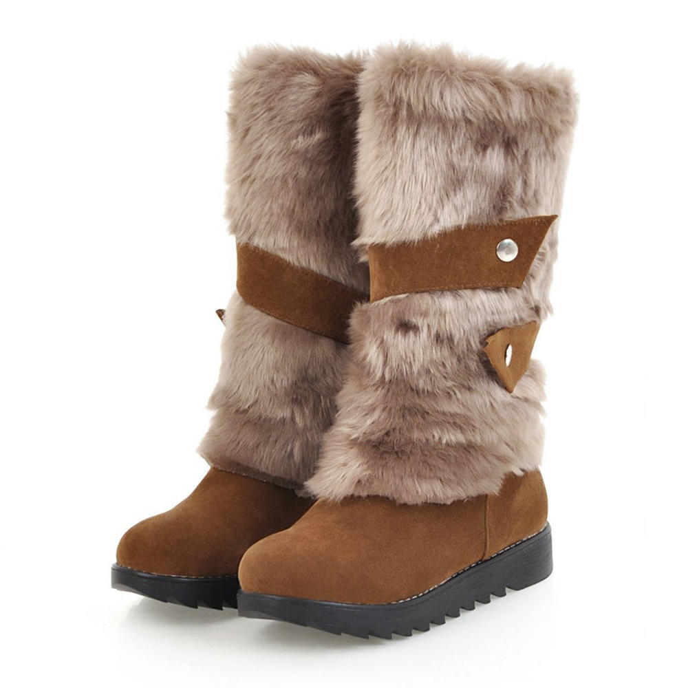 53% OFF on Large Size Slip On Buckle Fur Snow Flat Mid-calf Boots