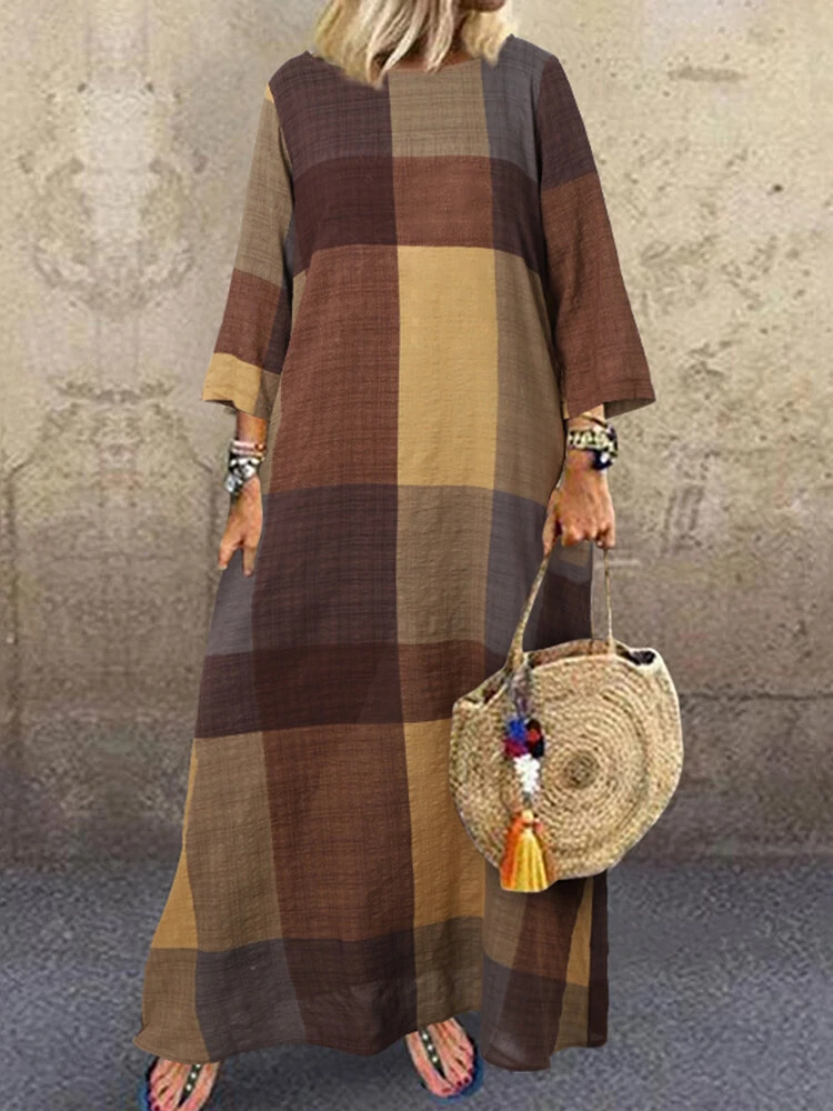 Women plaid printing crew neck 3/4 sleeve daily loose casual maxi dress