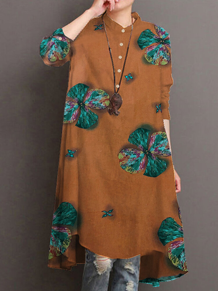 Women Cotton Button Vintage Print High-Low Hem Retro Shirt Dress
