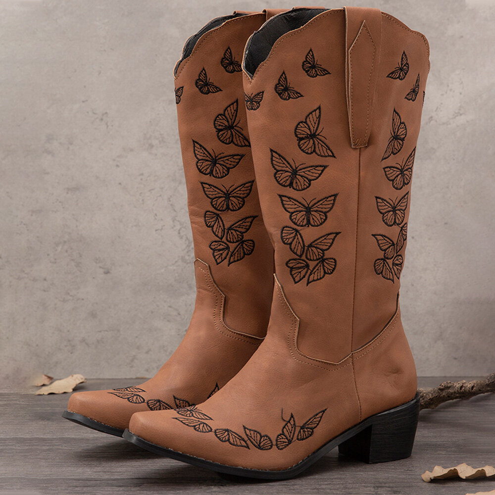 87% OFF on Plus Size Women Retro Butterfly Embroidered Mid Calf Cowboy Boots