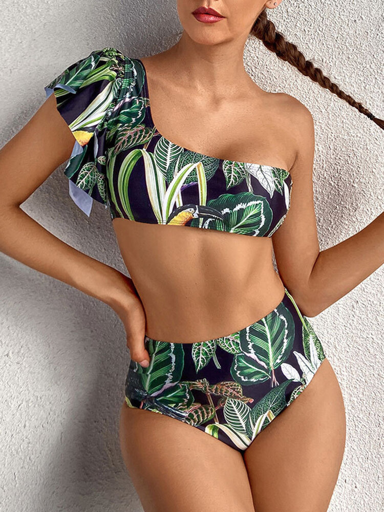 Tropische plantenprint One Schouderband Rugloze hoge taille Groene bikinis Badmode