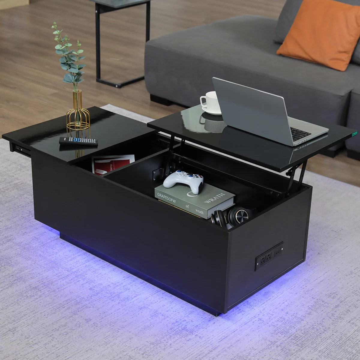 

Hommpa LED Lift Top Coffee Table with Charging Station for Living Room High Gloss Black Center Table with Remote and App