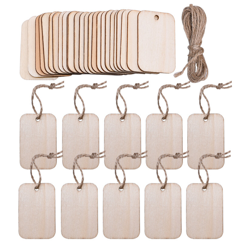TWOTREES? 50 Stks Nature Wood Slice Gift Tags Blanco rechthoekig houten hangend label met henneptouw