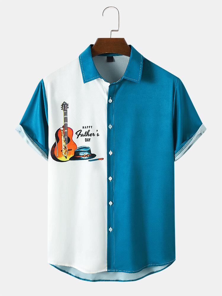 Men Two Tone Colorblock Guitar Pattern Lapel Shirts