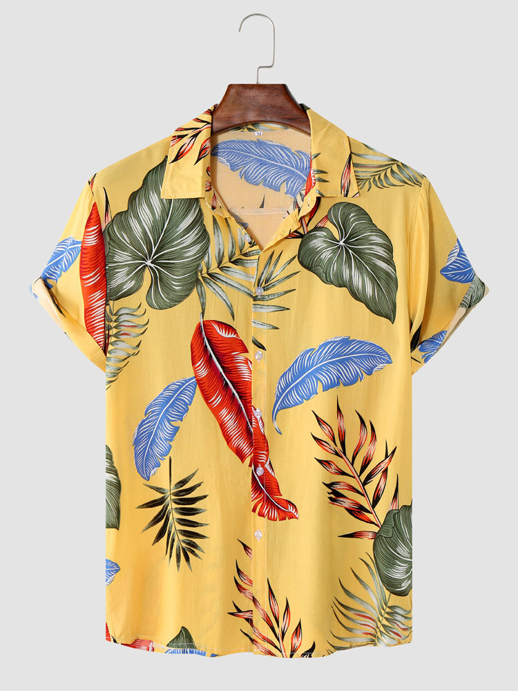 Heren tropische blad grafische gebogen zoom korte mouw sierlijke casual shirts