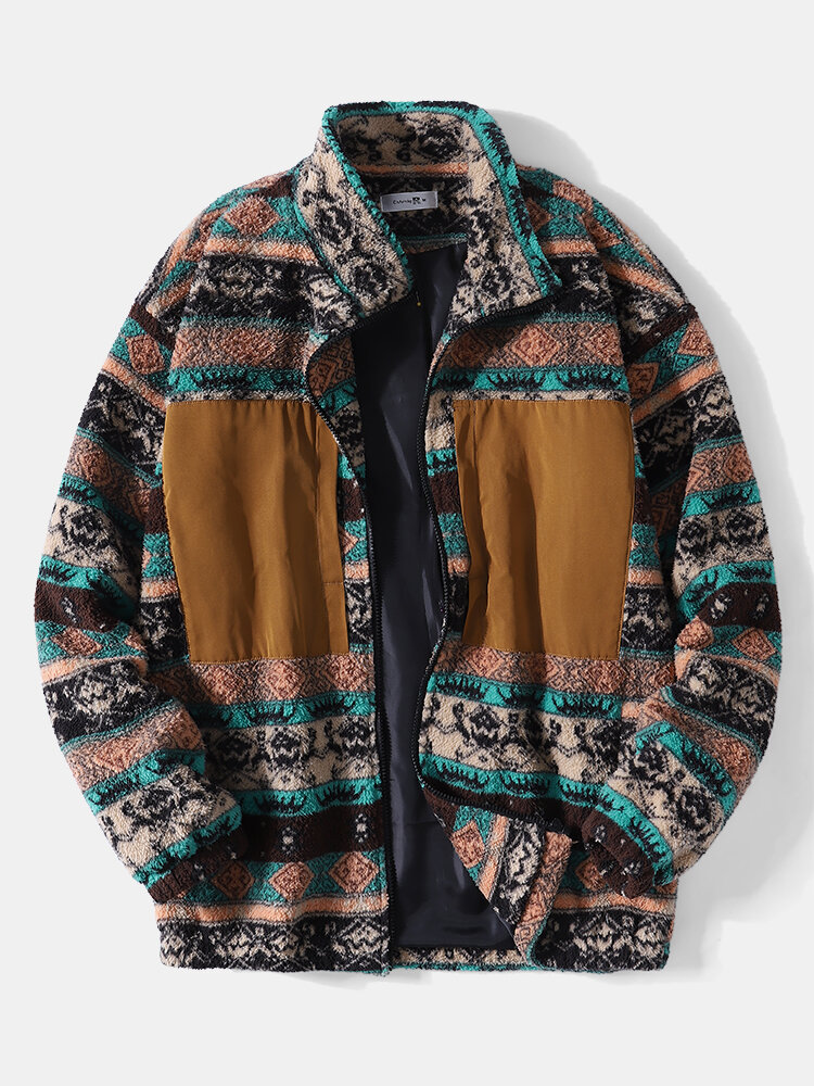 Men Ethnic Striped Fleece Patch Side Pockets Zipper Collar Jackets