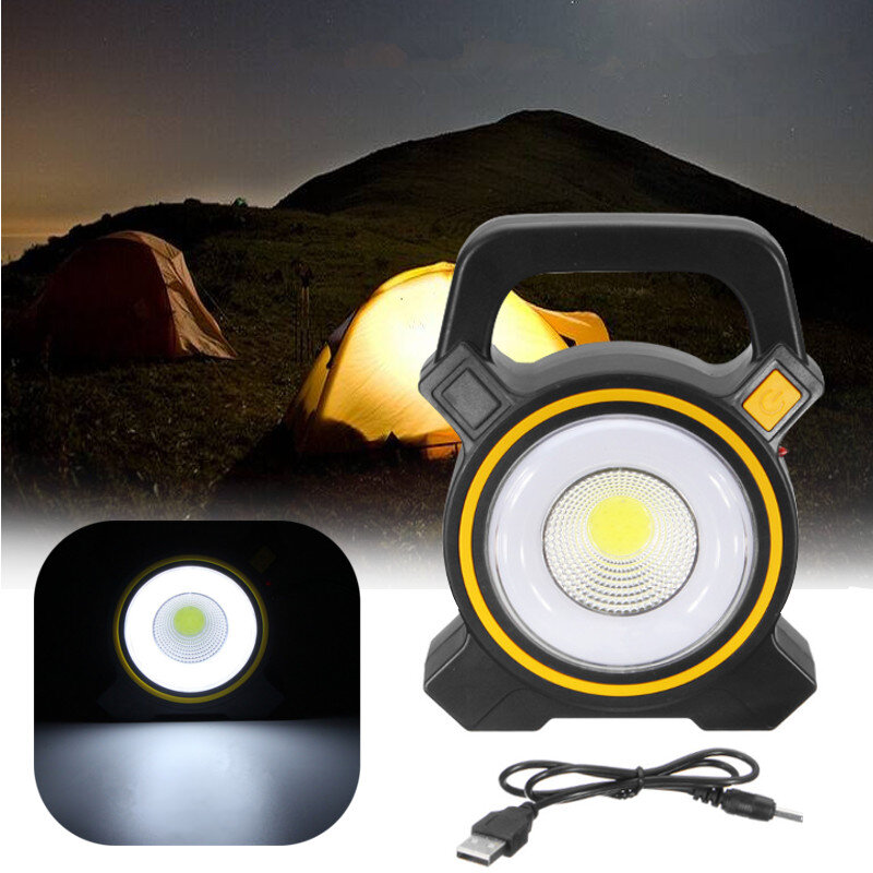 Luz de trabalho solar LED COB de 30W com USB, holofote, lanterna de acampamento ao ar livre