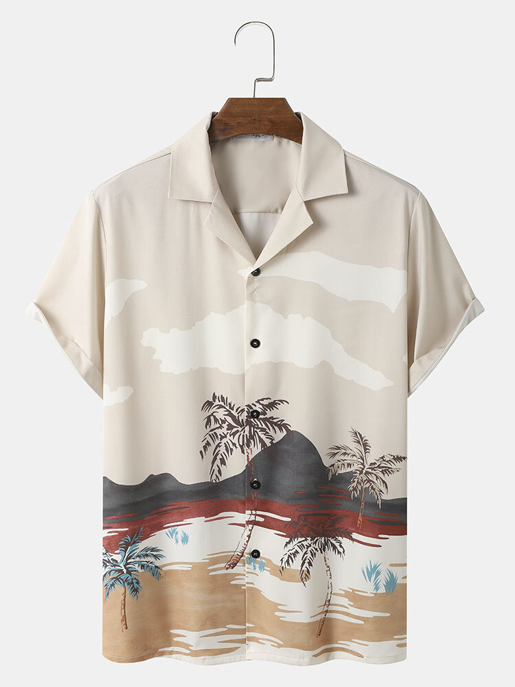 

Мужские повседневные рубашки с коротким рукавом с принтом тропического пейзажа Revere Collar