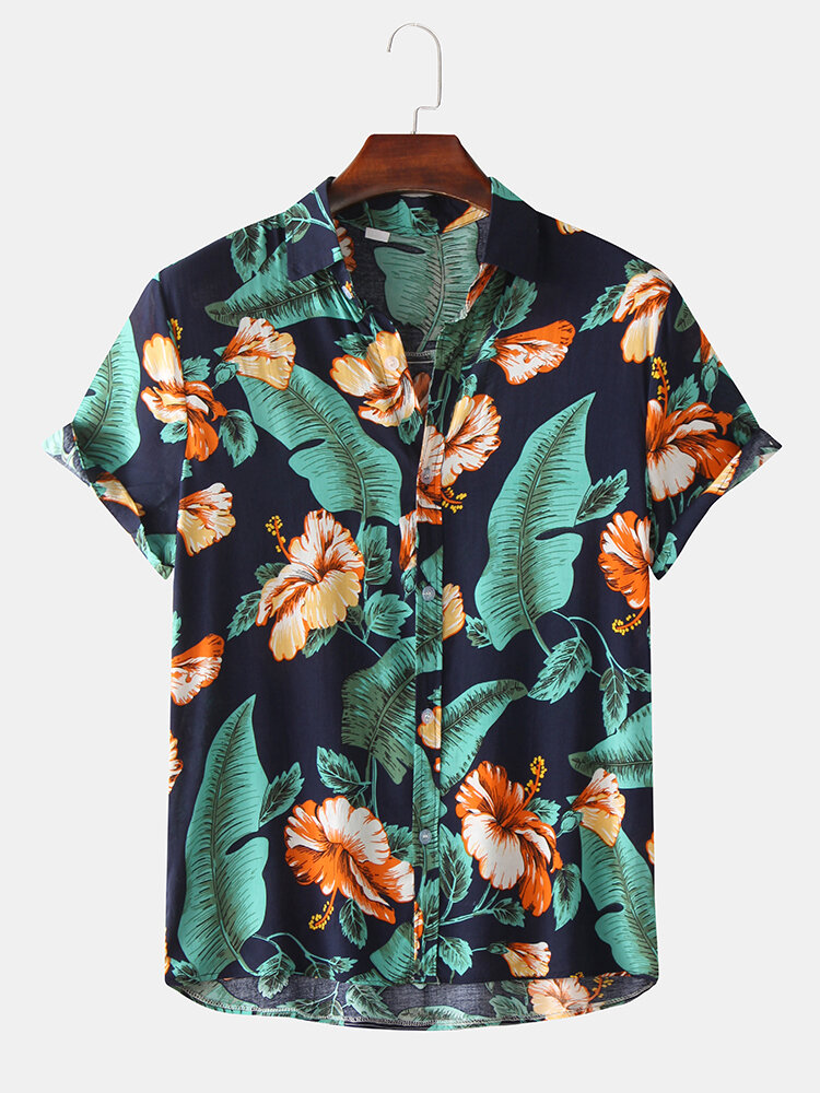 Men Floral Print Turn Down Collar Short Sleeve Hawaii Beach Fashion Shirts