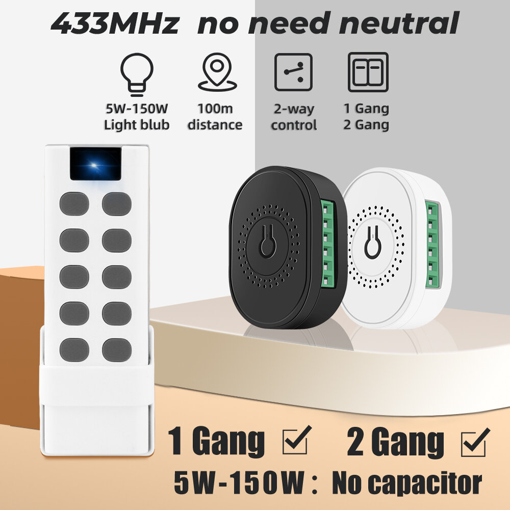 No Neutral Wire 1 Gang 2 Way RF 433MHZ Switch Light Mini Smart Module Home Remote Control Wall On Of