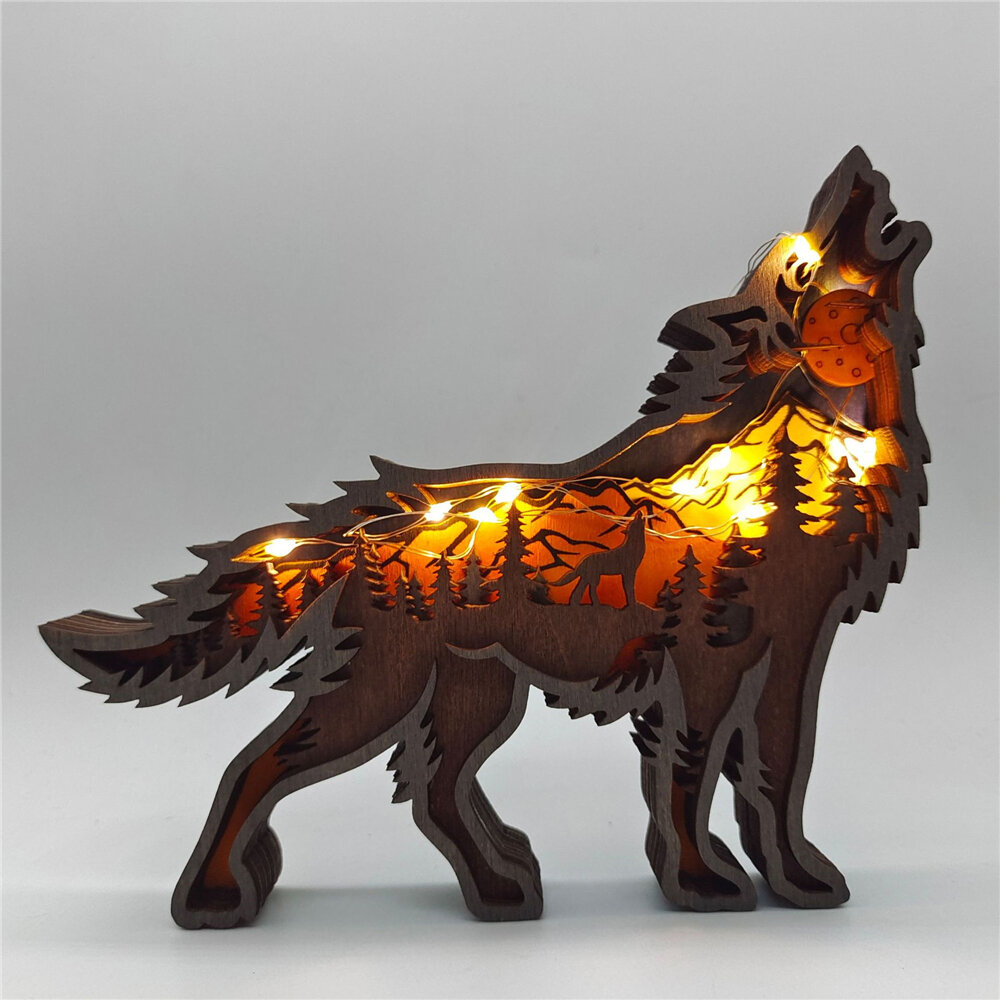 Kerstdecoratie LED Licht Houten Uitgeholde Kleine Wolf Leuke Desktop Ornamenten Home Decor