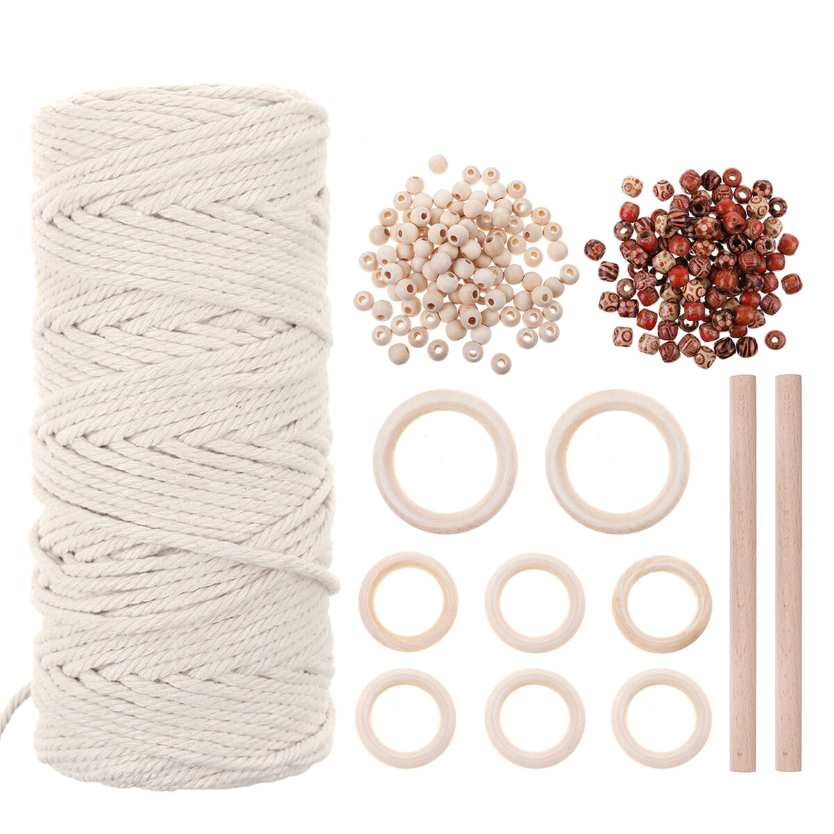 Natural Macrame Cord 3mm Cotton Cord with 8pcs Wood Ring and 2 Wooden Stick for DIY Craft Braided Wire