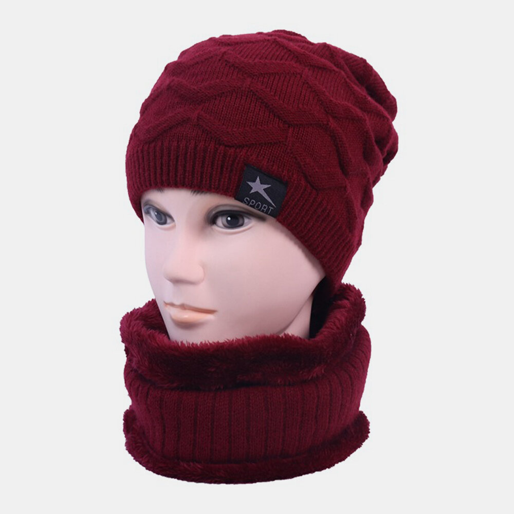 Men Wool 2PCS Plus Thicken Warm Daily Winter Outdoor Neck Face Ear Protection Beanie Knitted Hat Sca