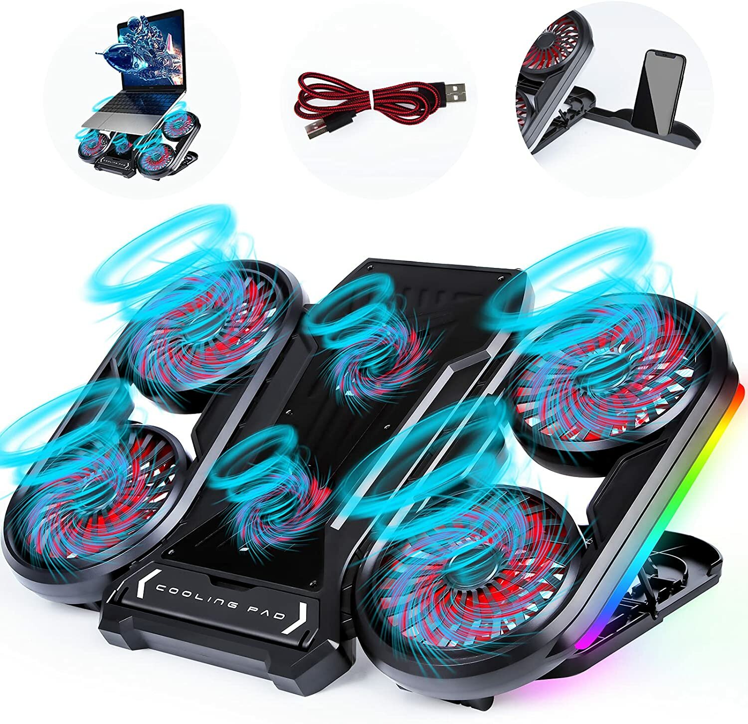 NUOXI Q6 Gaming Laptop Cooler RGB Cooling Pad Radiator USB 6 Fans Computer Stand with Mobile Phone H