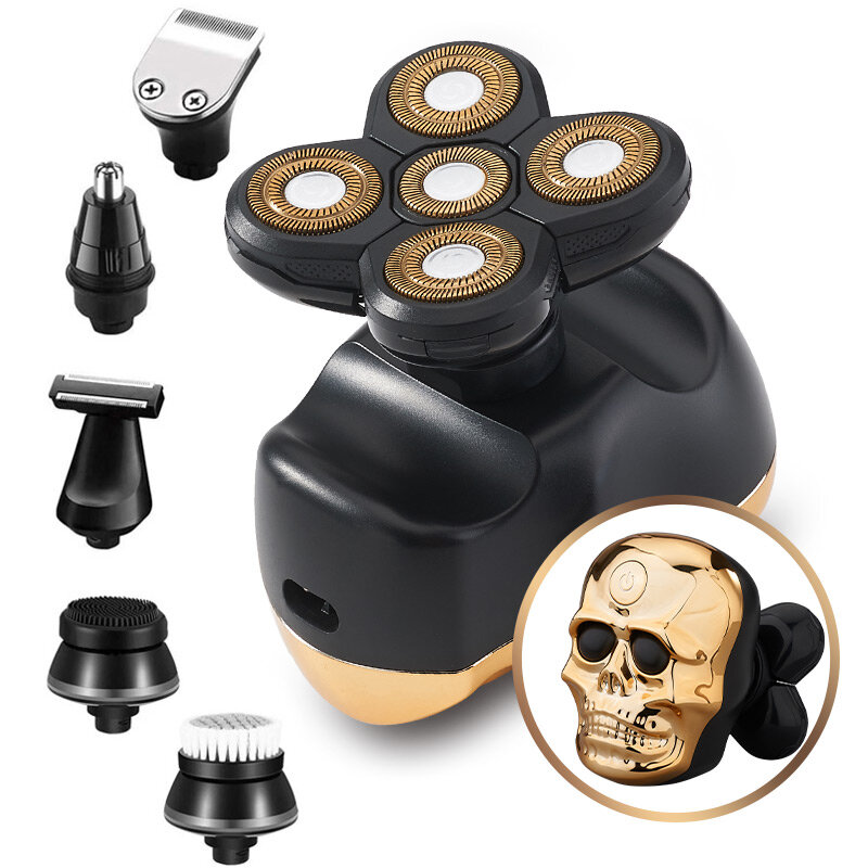 RESUXI 6 In 1 Multifunctional Grooming Razor USB Rechargeable Electric Shaver Skull Design Five Floating Heads