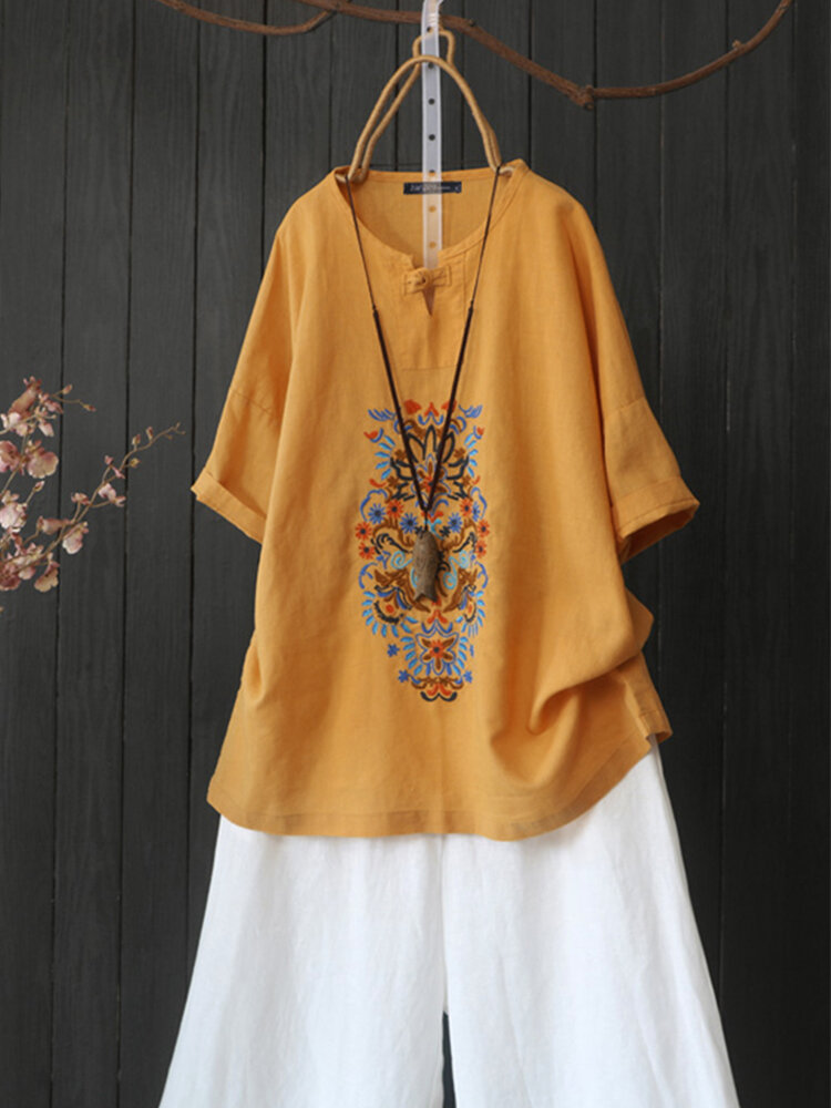 Women Cotton Embroidery Half Sleeve Front Button Vintage Casual Blouse