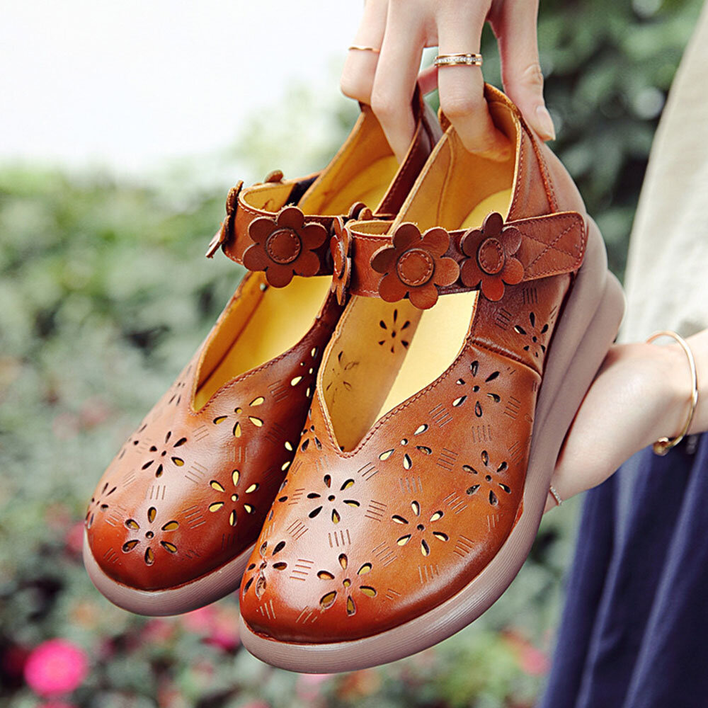 Dames Casual Retro Bloemen Verfraaid Soft Comfortabel Ademend Hollow Leather Mary Jane Wedges Shoes