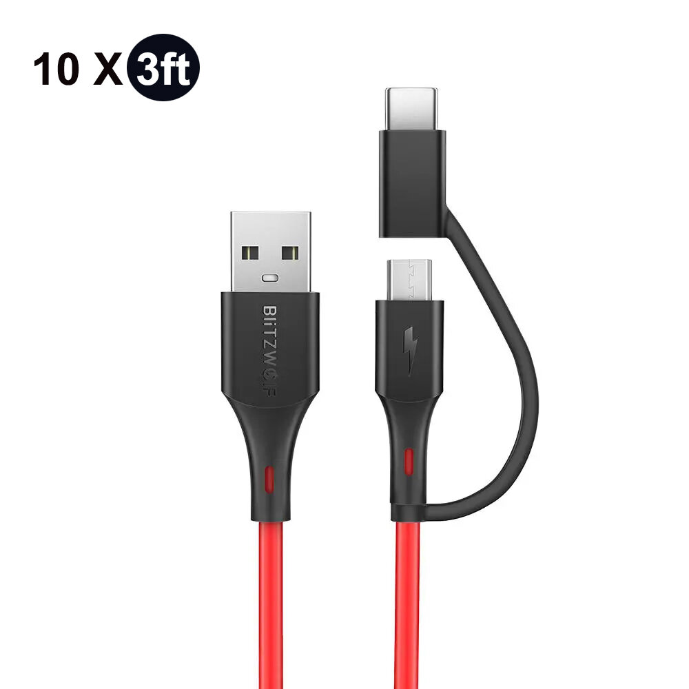 [10 Pack] BlitzWolf® BW-MT3 3A 2-in-1 Data Cable Type C Micro USB Fast Charging Adapter 0.9m/3ft For OnePlus 8Pro HUAWEI