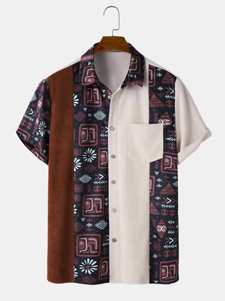 

Mens Ethnic Tribal Pattern Patchwork Corduroy Short Sleeve Shirts