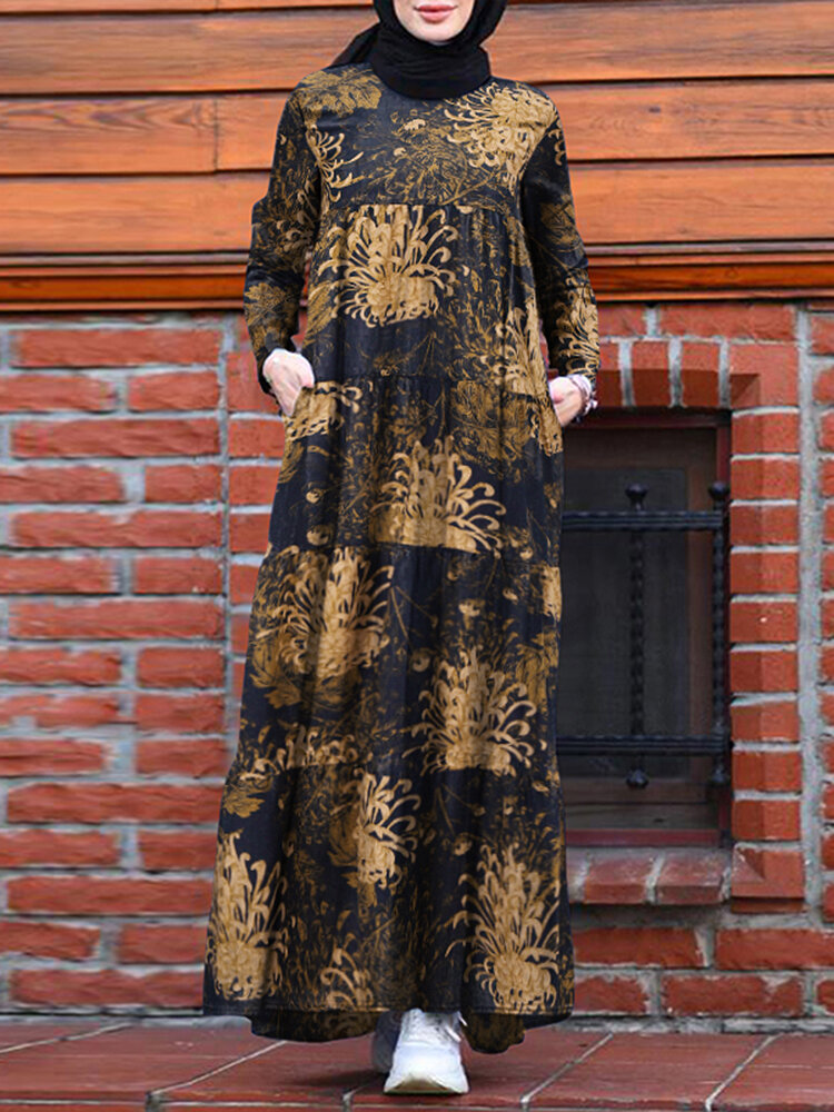 Dames vintage print gelaagde ritssluiting lange mouw kaftan maxi-jurken met zak