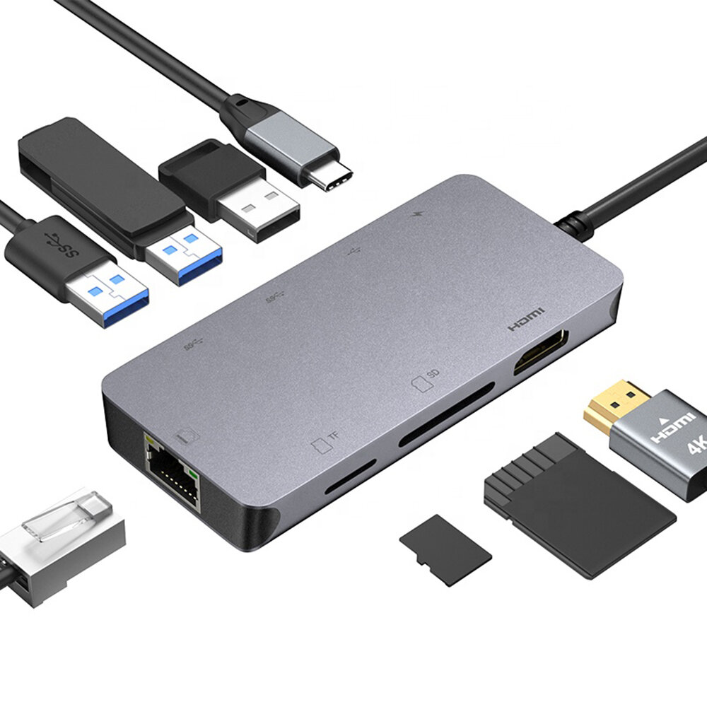 ULT-unite 8 in 1 Type-C Docking Station USB-C Hub Adapter with USB2.0 USB3.0 USB-C PD 100W 4K HDMI-Compatible RJ45 Gigab