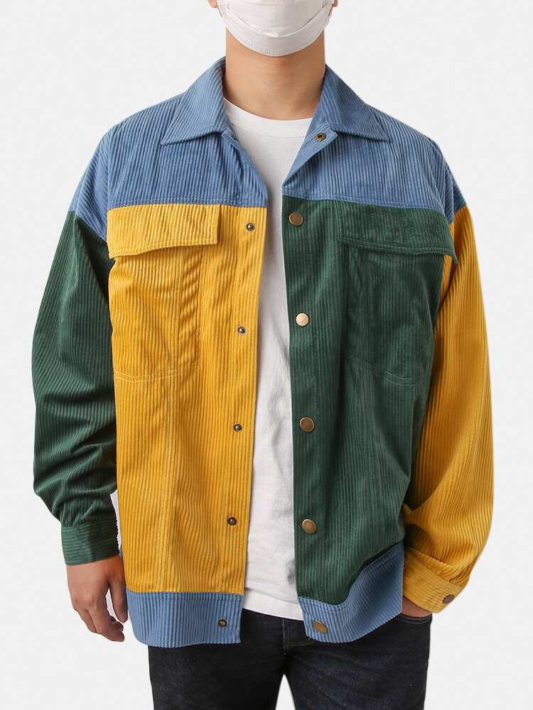 

Mens Corduroy Tricolor Patchwork Button Jacket With Flap Pockets