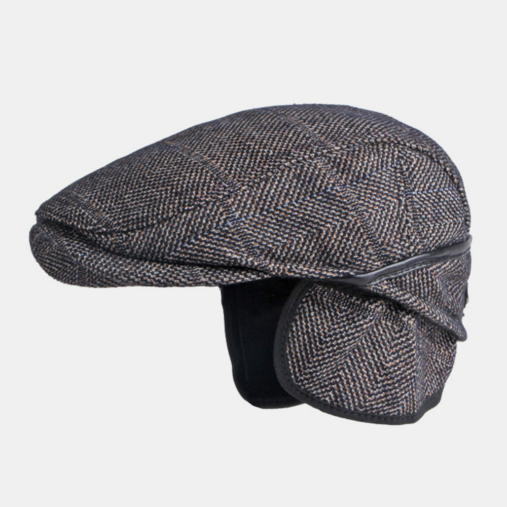 Men Solid Color Ear Protection Earmuffs Design Windproof Flat Hat British Retro Thicken Warm Beret C