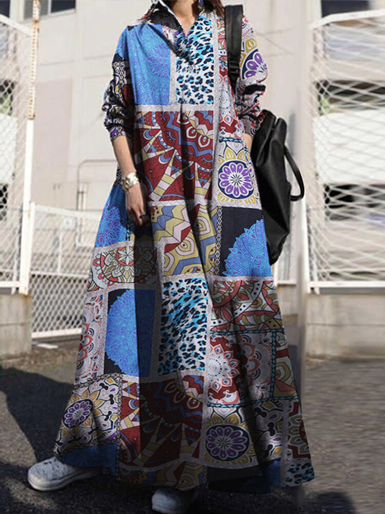 Women Color Printing Lapel Casual Loose Lapel Shirt Maxi Dress With Side Pockets