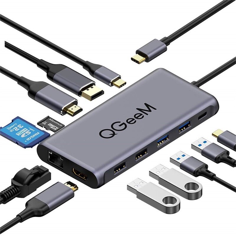 

QGeeM 12 In 1 Triple Display USB-C Hub Docking Station Adapter With Dual 4K HDMI HD Display / 4K DP HDMI / 100W USB-C PD